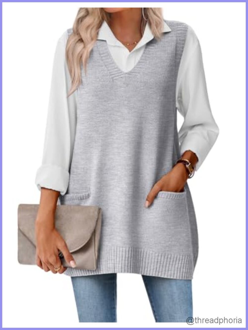 Women's Oversized Sleeveless V-Neck Knit Sweater Vest with Pockets